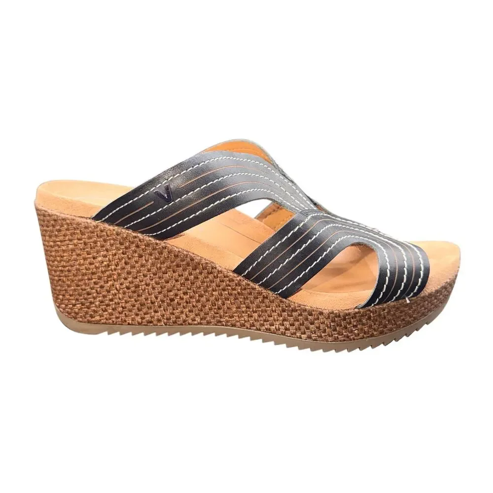 Vionic Women’s Wedge Slide Sandals Black Leather Size 8.5 M Orthotic Comfort